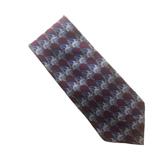 Vintage Wide Geoffrey Beene Silk Maroon Lion Sphinx Print Tie, All Silk Necktie - Picture 1 of 6